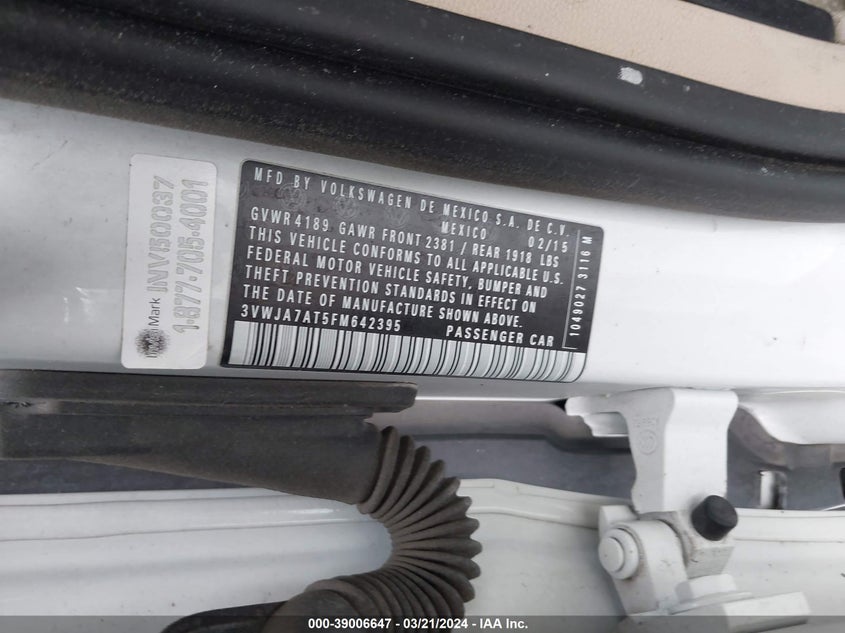 2015 VOLKSWAGEN BEETLE TDI - 3VWJA7AT5FM642395