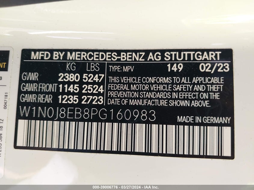 2023 MERCEDES-BENZ GLC 300 VIN: W1N0J8EB8PG160983