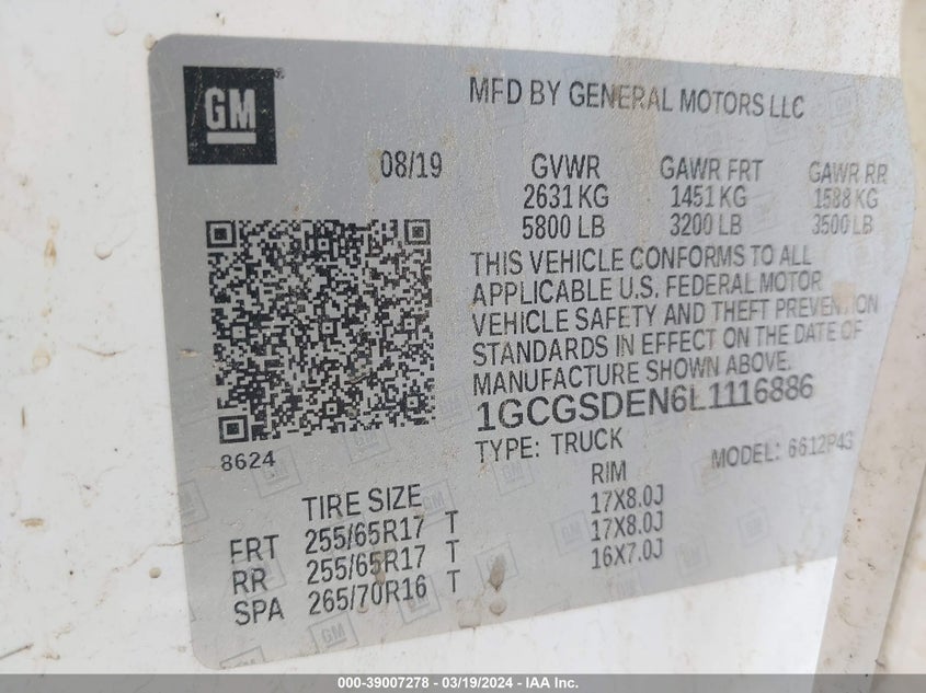 VIN 1GCGSDEN6L1116886 2020 CHEVROLET COLORADO 2WD  SHORT BOX Z71