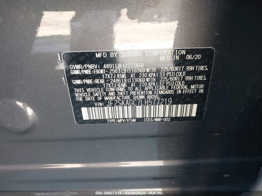 VIN JF2SKAGC7LH577219 2020 SUBARU FORESTER PREMIUM