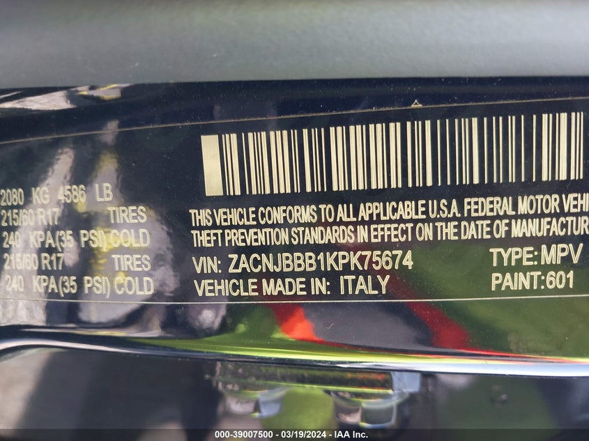 VIN ZACNJBBB1KPK75674 2019 JEEP RENEGADE LATITUDE 4X4