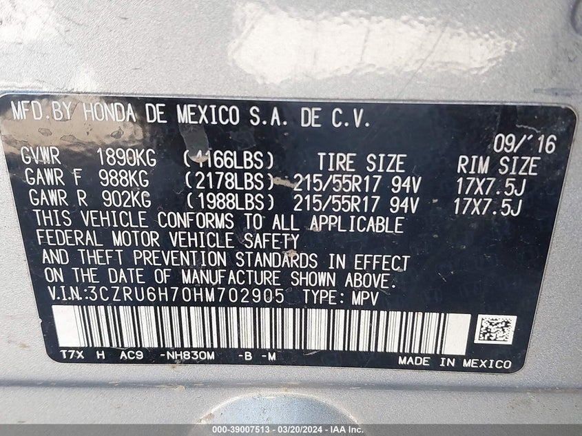 VIN 3CZRU6H70HM702905 2017 HONDA HR-V EX-L