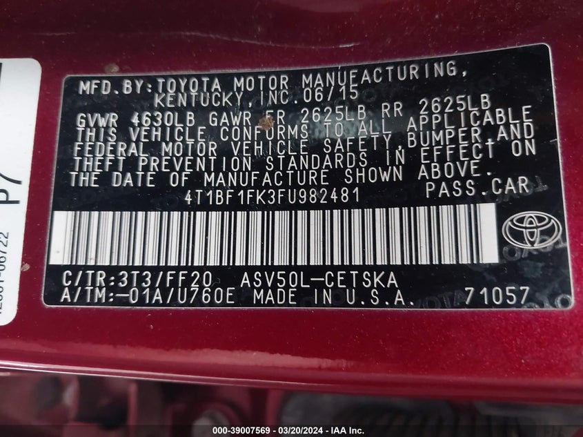 2015 TOYOTA CAMRY LE/XLE/SE/XSE - 4T1BF1FK3FU982481