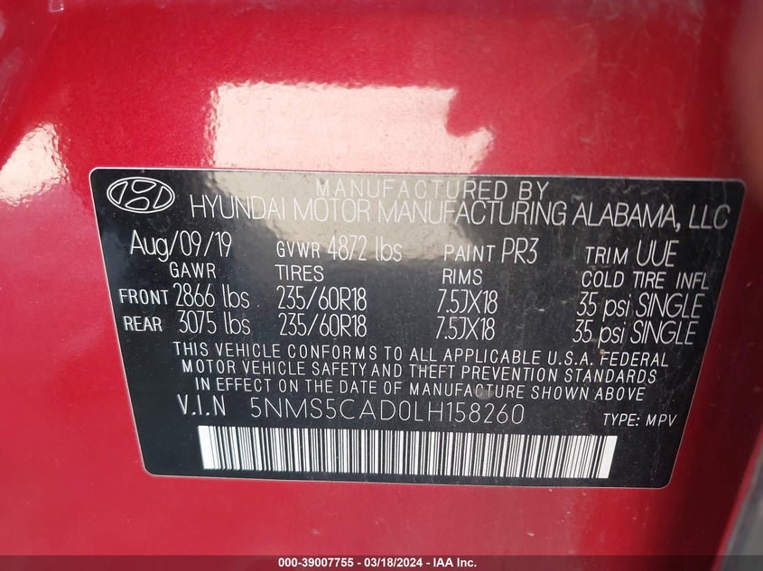 VIN 5NMS5CAD0LH158260 2020 HYUNDAI SANTA FE LIMITED