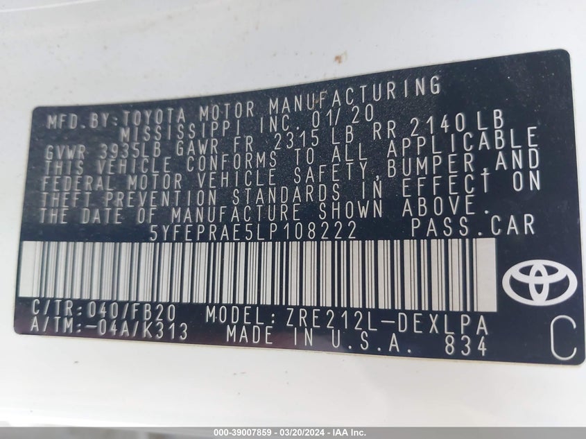 2020 TOYOTA COROLLA LE - 5YFEPRAE5LP108222