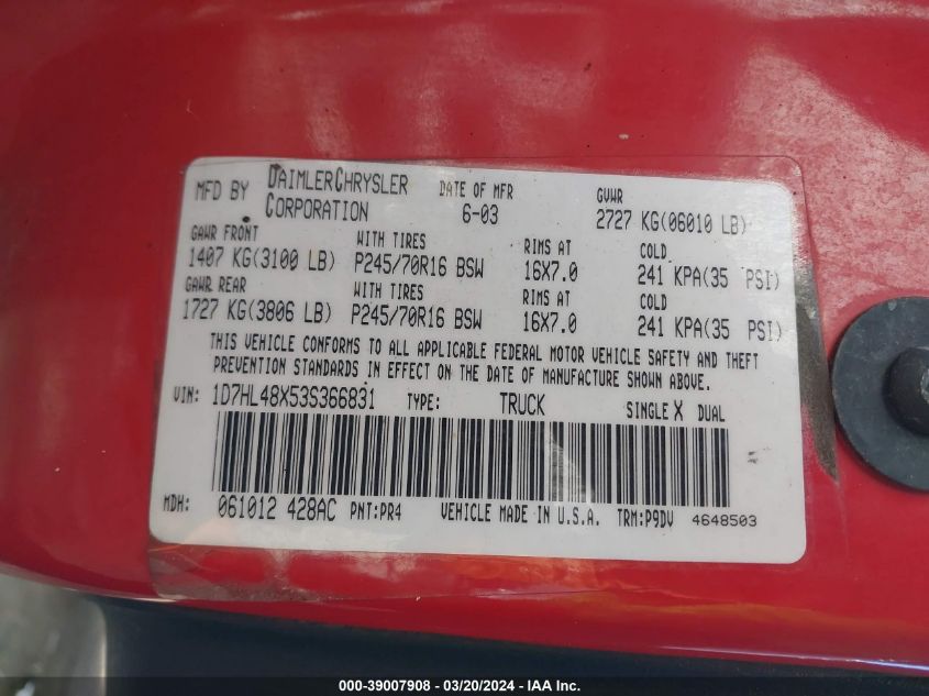 1D7HL48X53S366831 2003 Dodge Dakota Slt