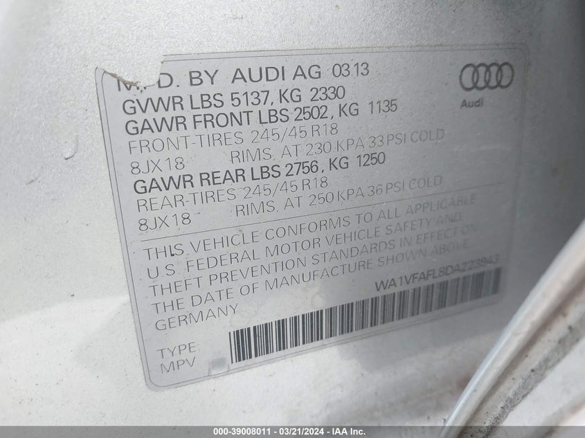 2013 AUDI ALLROAD 2.0T PREMIUM - WA1VFAFL8DA223943