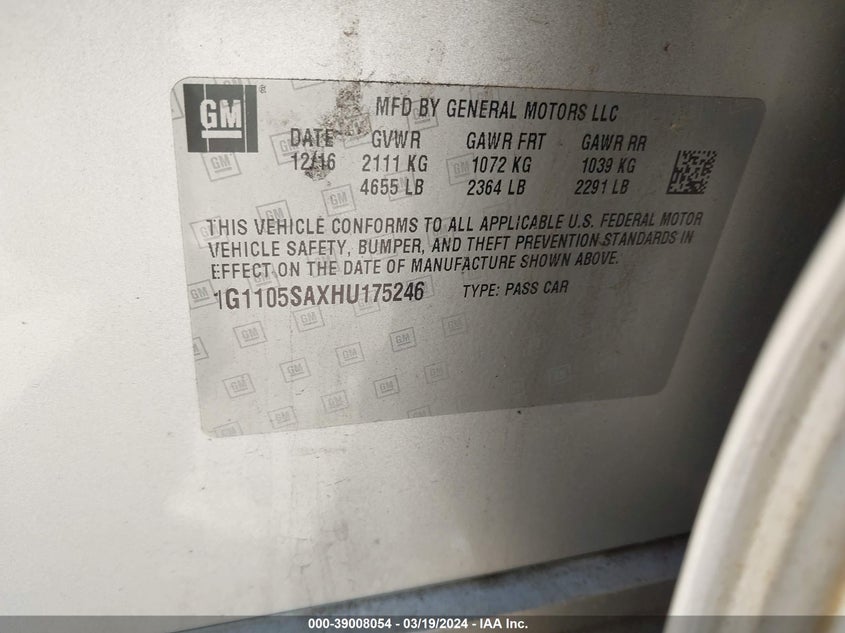 2017 CHEVROLET IMPALA 1LT - 1G1105SAXHU175246