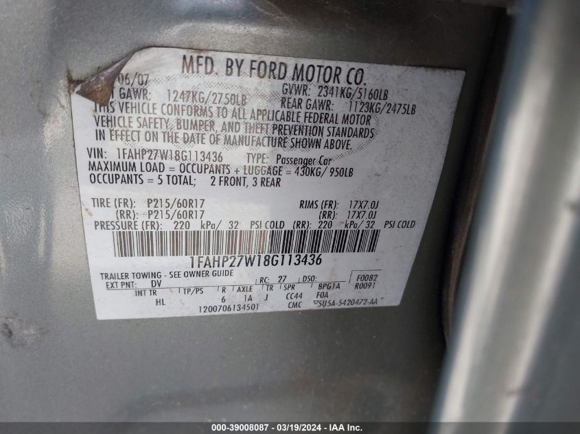 1FAHP27W18G113436 2008 Ford Taurus Sel