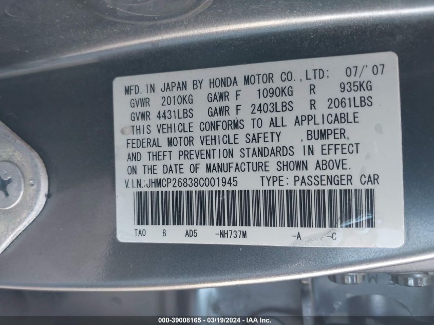 JHMCP26838C001945 | 2008 HONDA ACCORD