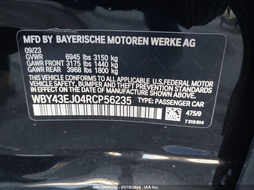 2024 BMW I7 Edrive50 VIN: WBY43EJ04RCP56235 Lot: 39008232