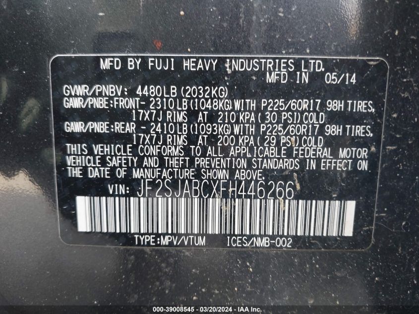 JF2SJABCXFH446266 2015 Subaru Forester 2.5I