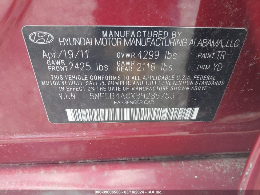 5NPEB4ACXBH286753 | 2011 HYUNDAI SONATA