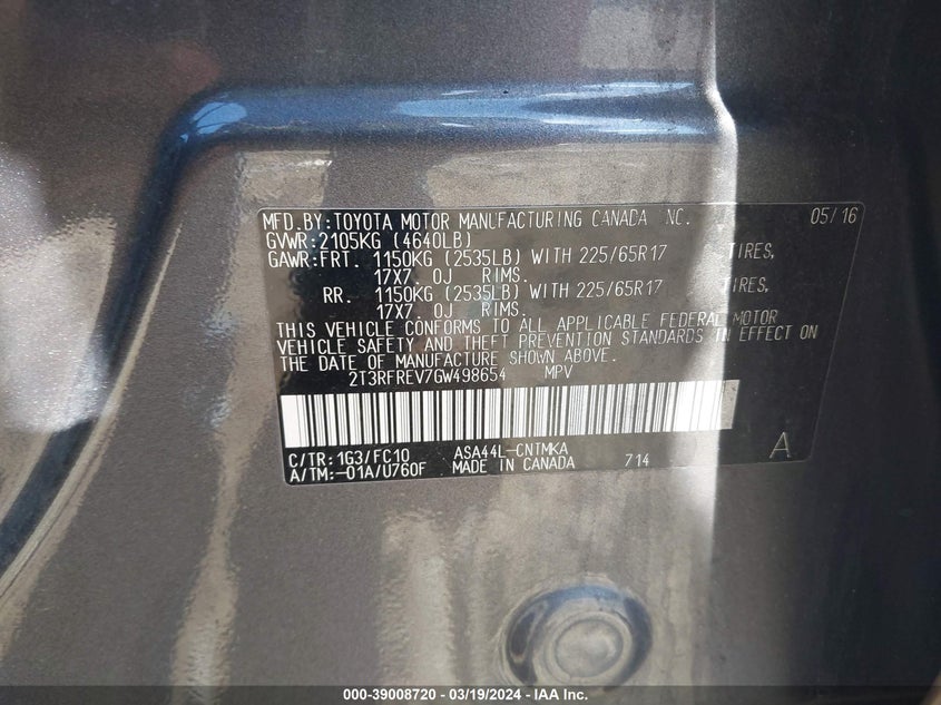 2016 TOYOTA RAV4 XLE - 2T3RFREV7GW498654