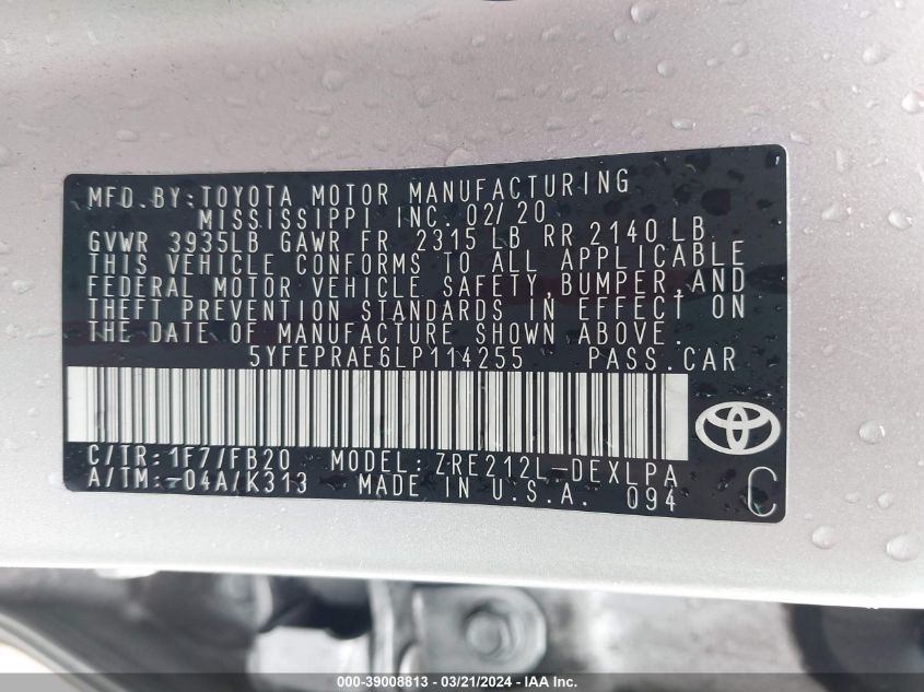 2020 TOYOTA COROLLA LE - 5YFEPRAE6LP114255