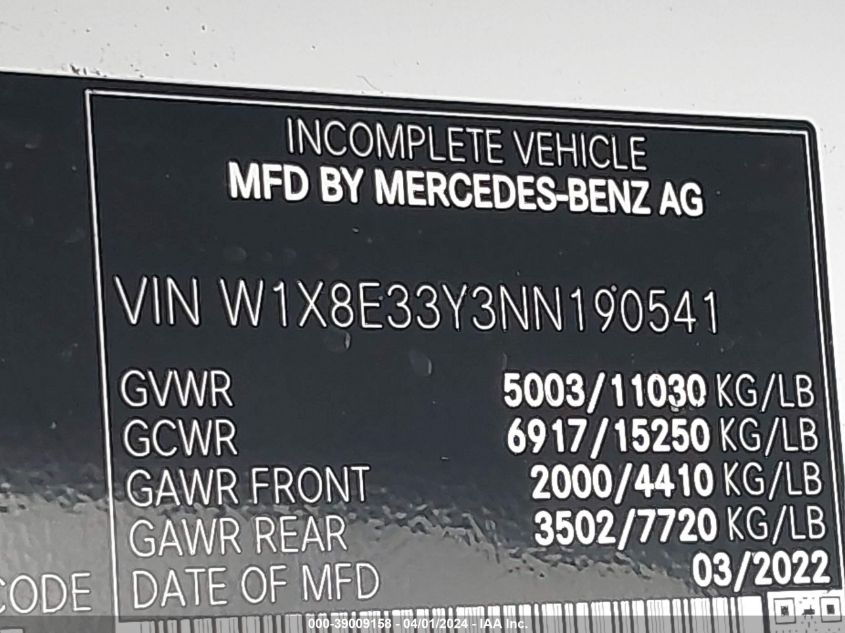 2022 Mercedes Sprinter 3500Xd VIN: W1X8E33Y3NN190541 Lot: 39009158