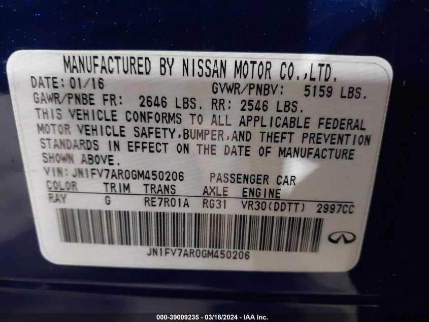 JN1FV7AR0GM450206 | 2016 INFINITI Q50