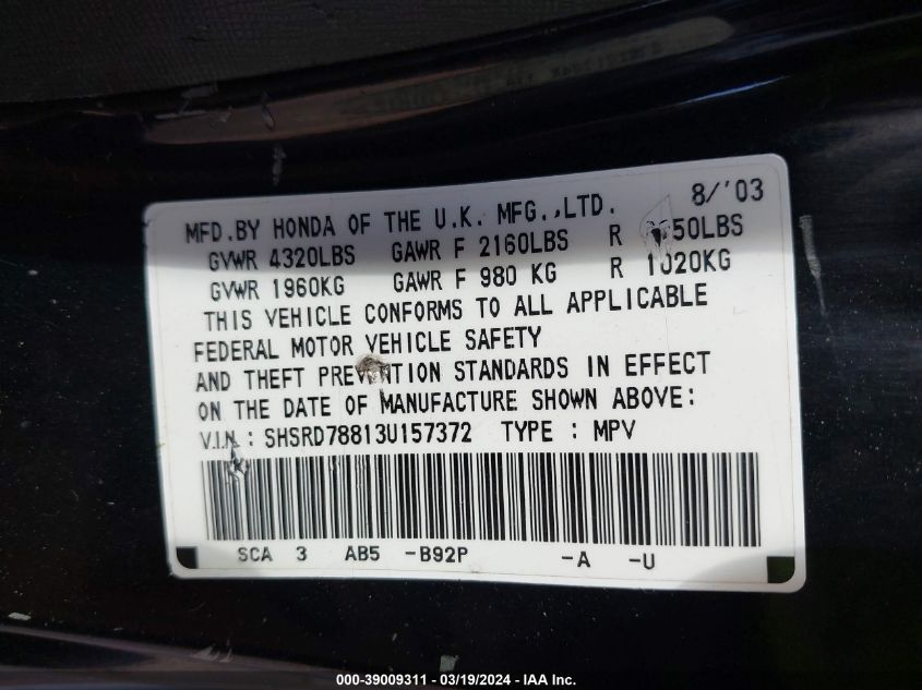 2003 Honda Cr-V Ex VIN: SHSRD78813U157372 Lot: 39009311