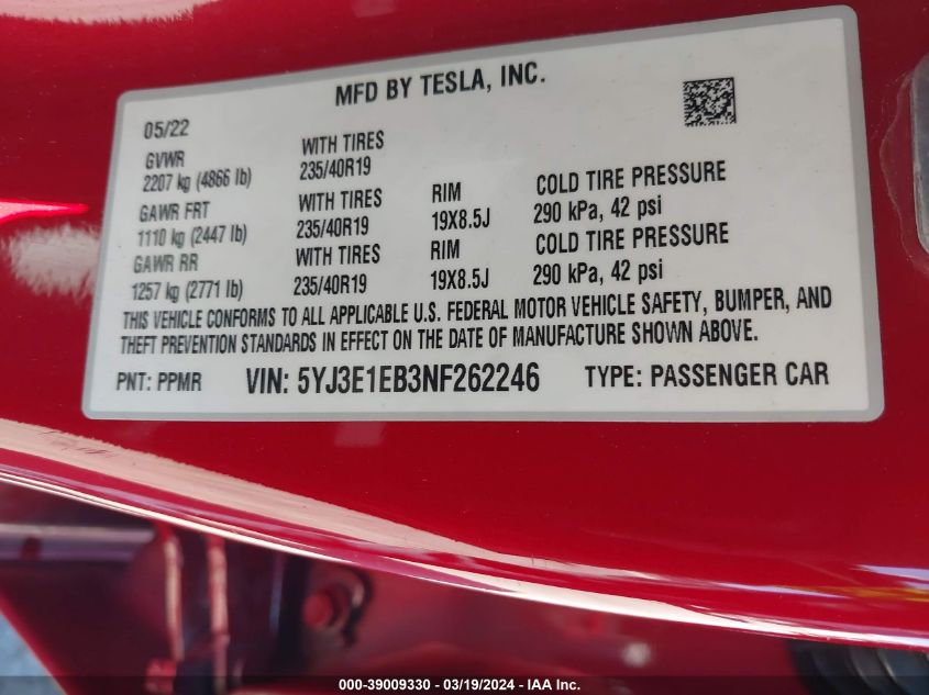 2022 Tesla Model 3 Long Range Dual Motor All-Wheel Drive VIN: 5YJ3E1EB3NF262246 Lot: 39009330