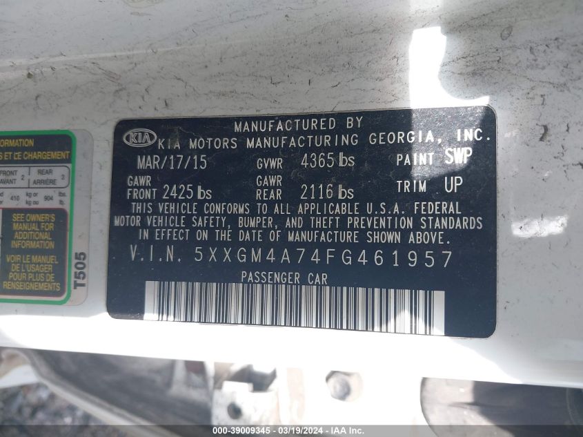 5XXGM4A74FG461957 | 2015 KIA OPTIMA