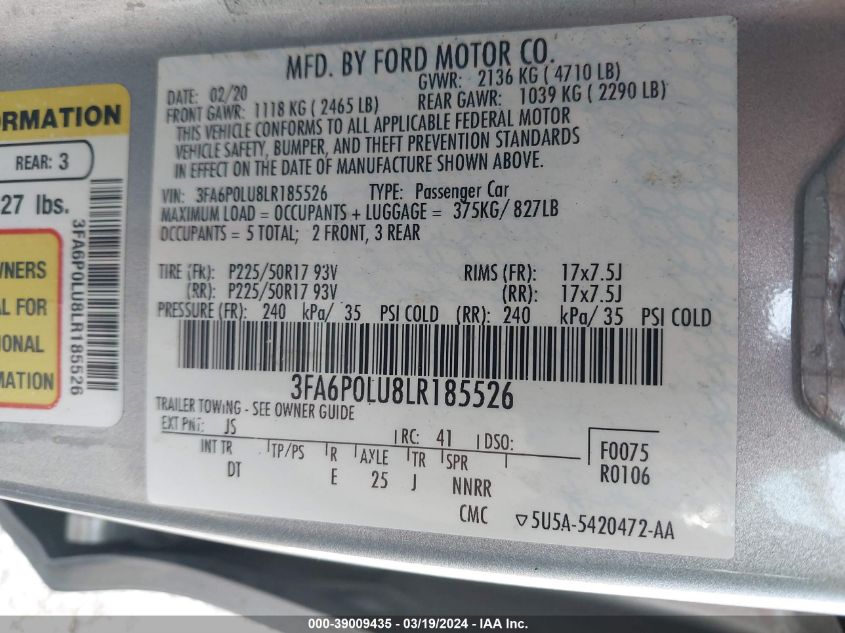 2020 Ford Fusion Hybrid Se VIN: 3FA6P0LU8LR185526 Lot: 39009435