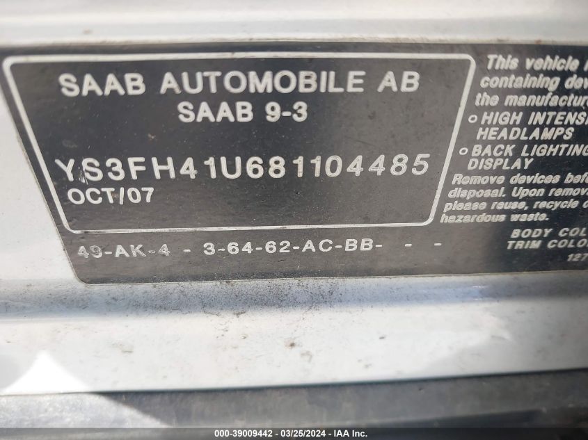 YS3FH41U681104485 2008 Saab 9-3 Aero