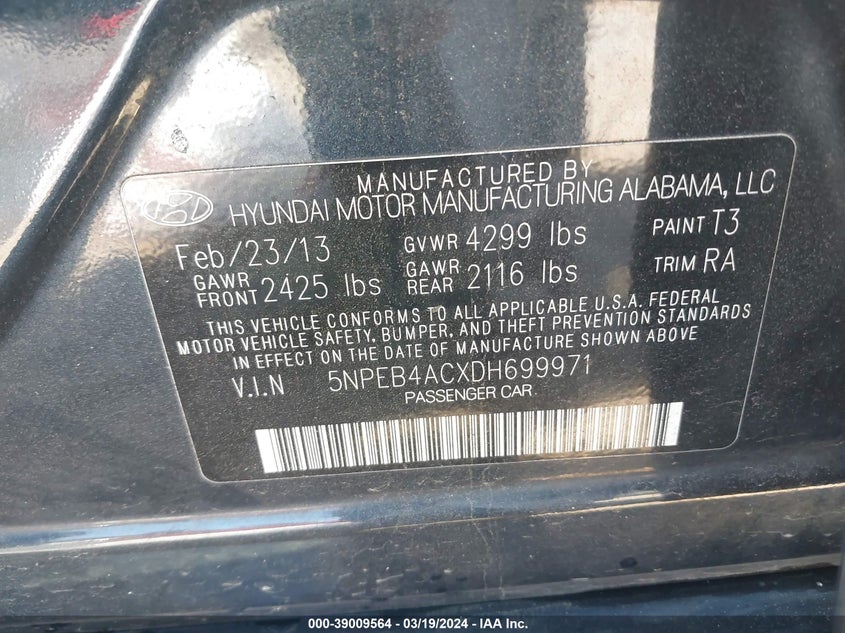 2013 HYUNDAI SONATA GLS - 5NPEB4ACXDH699971