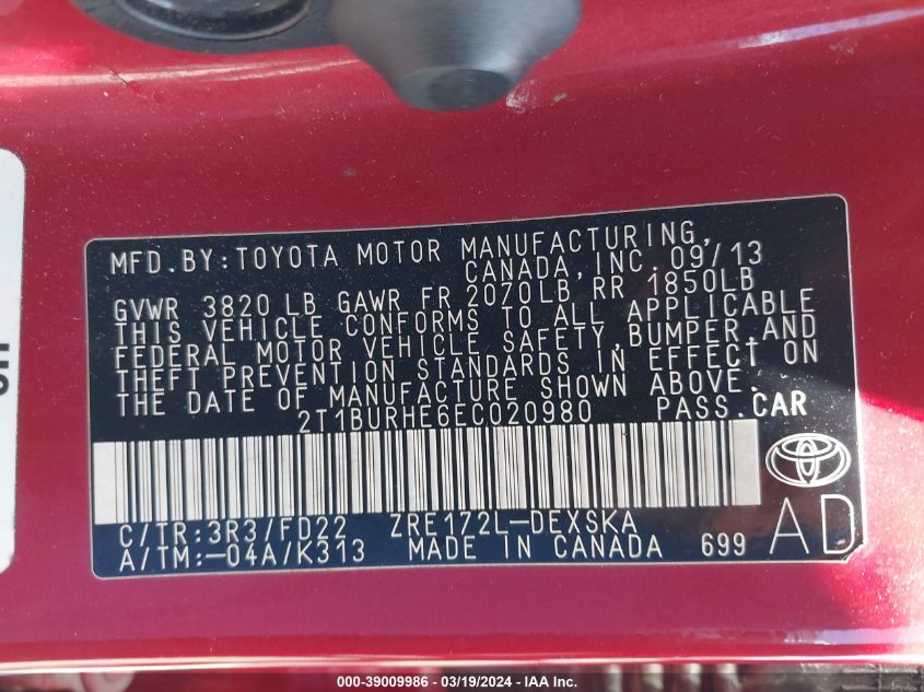 2014 Toyota Corolla S Plus VIN: 2T1BURHE6EC020980 Lot: 39594066