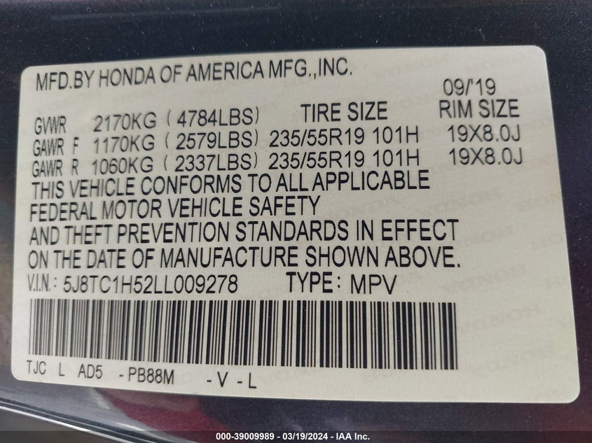 VIN 5J8TC1H52LL009278 2020 ACURA RDX TECHNOLOGY PACKAGE