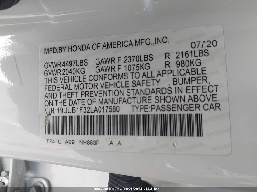 VIN 19UUB1F32LA017580 2020 ACURA TLX STANDARD