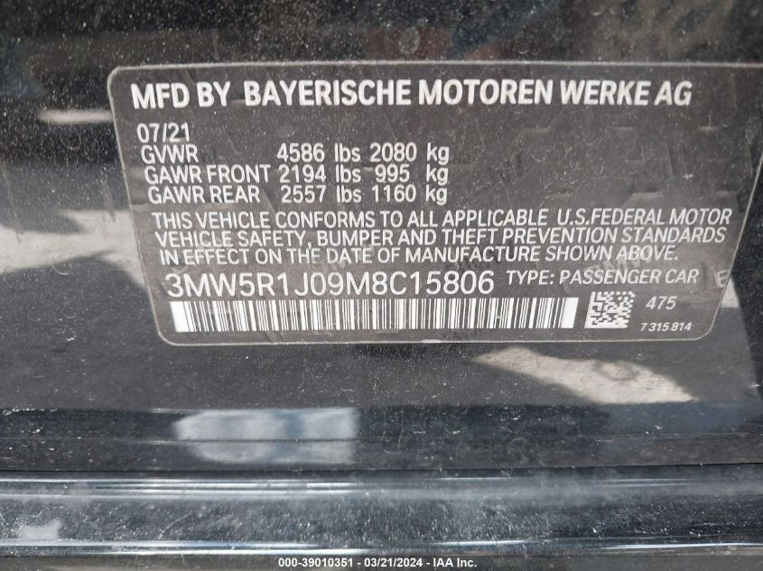 2021 BMW 330I VIN: 3MW5R1J09M8C15806 Lot: 39010351