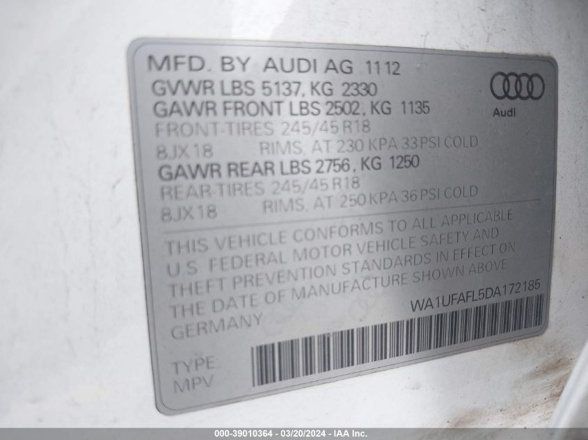 2013 Audi Allroad 2.0T Premium Plus VIN: WA1UFAFL5DA172185 Lot: 39010364