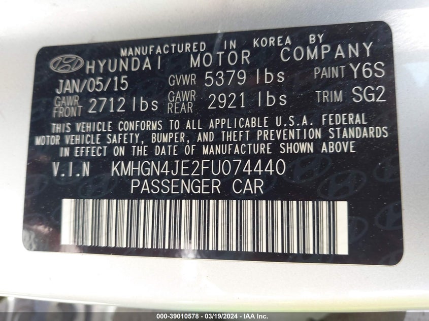 2015 HYUNDAI GENESIS 3.8L - KMHGN4JE2FU074440