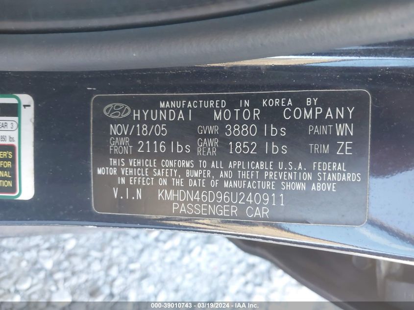 KMHDN46D96U240911 | 2006 HYUNDAI ELANTRA