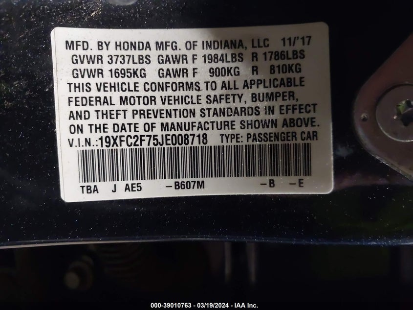 VIN 19XFC2F75JE008718 2018 HONDA CIVIC EX