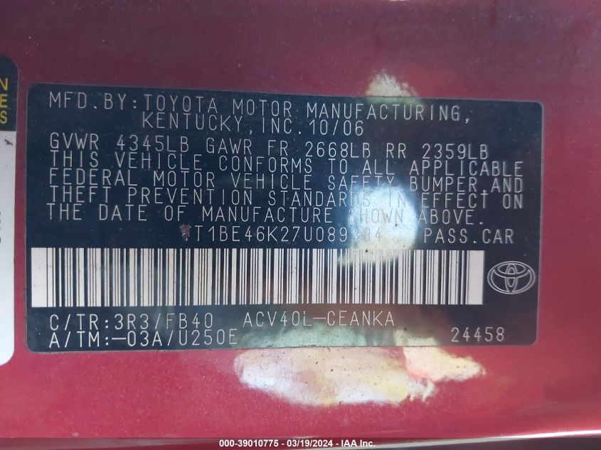 4T1BE46K27U089384 | 2007 TOYOTA CAMRY