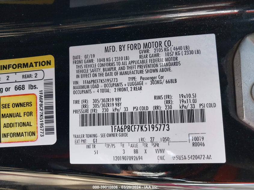VIN 1FA6P8CF7K5195773 2019 FORD MUSTANG GT