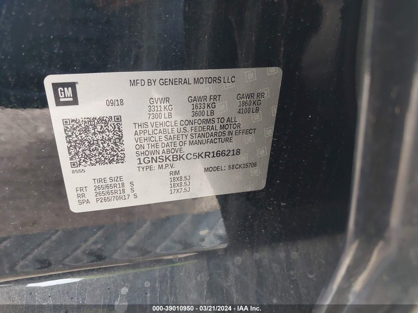 2019 CHEVROLET TAHOE K1500 LT - 1GNSKBKC5KR166218