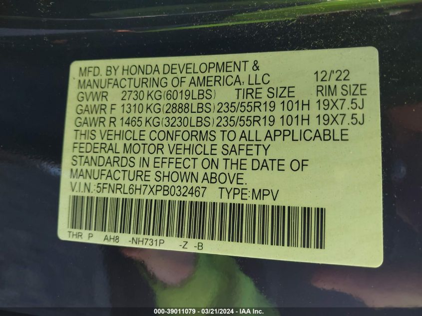 VIN 5FNRL6H7XPB032467 2023 Honda Odyssey, Sport no.9