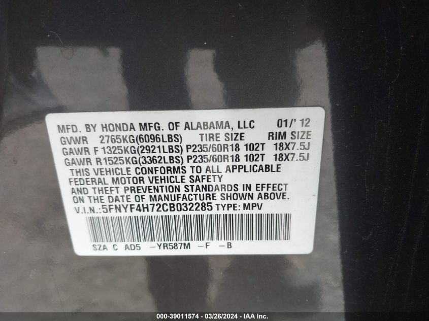 2012 Honda Pilot Ex-L VIN: 5FNYF4H72CB032285 Lot: 39011574