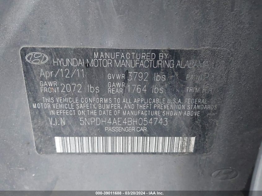 5NPDH4AE4BH054743 | 2011 HYUNDAI ELANTRA