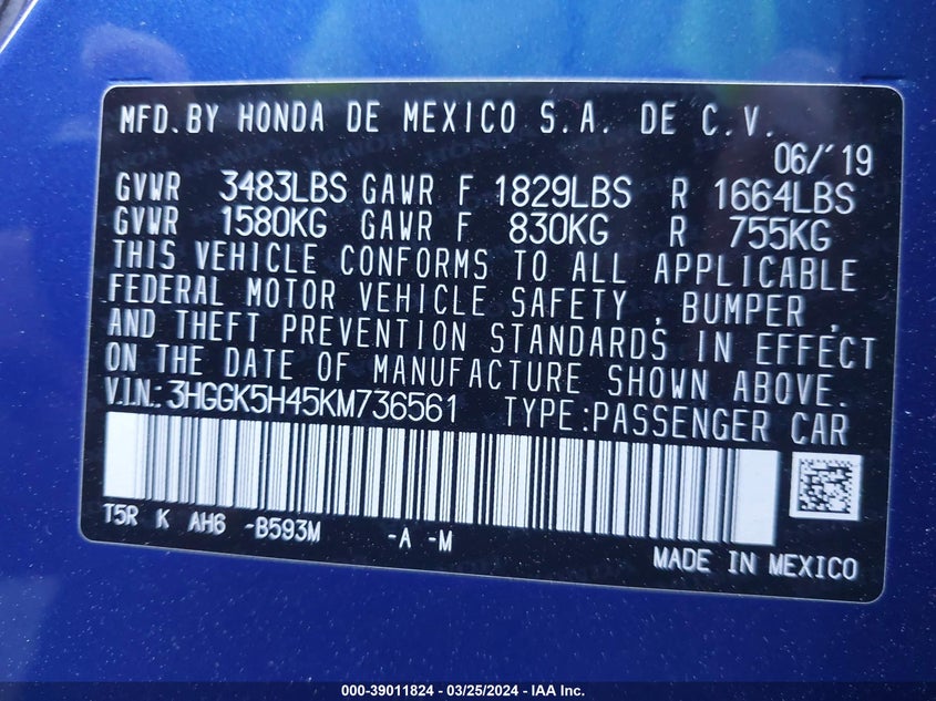 2019 HONDA FIT LX - 3HGGK5H45KM736561