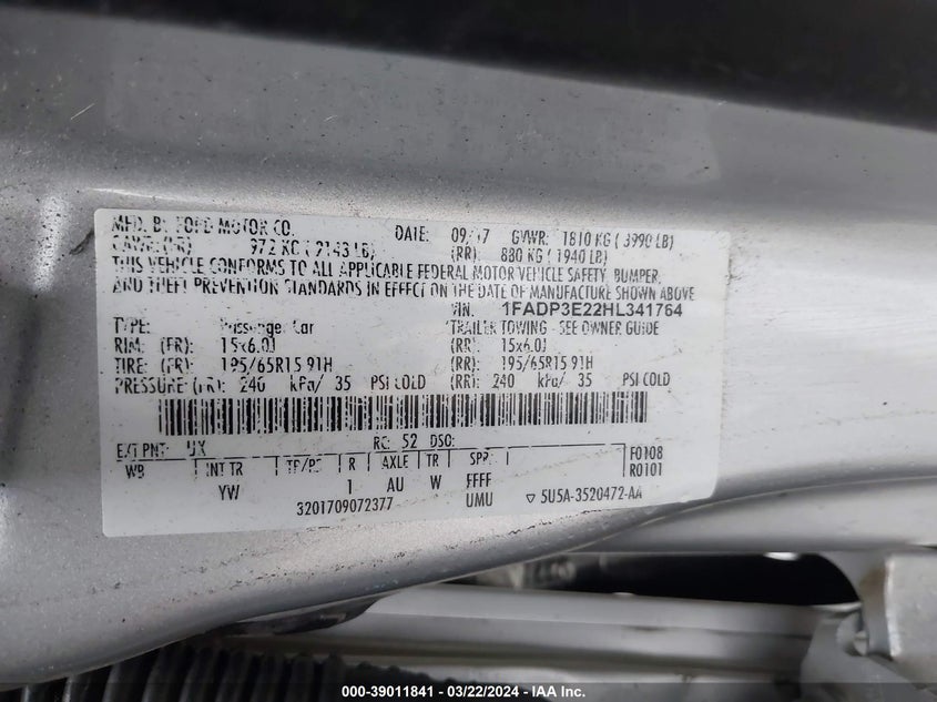 VIN 1FADP3E22HL341764 2017 FORD FOCUS S