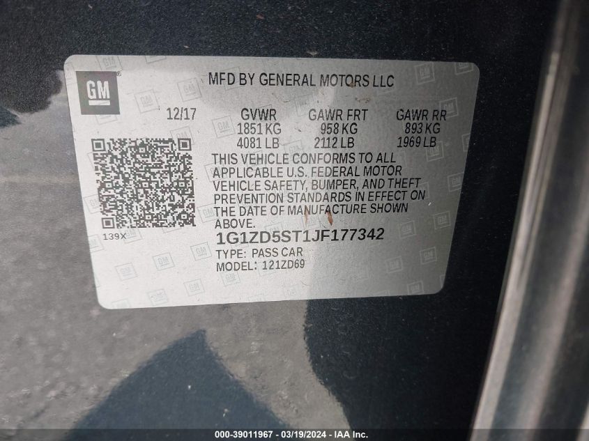 1G1ZD5ST1JF177342 | 2018 CHEVROLET MALIBU