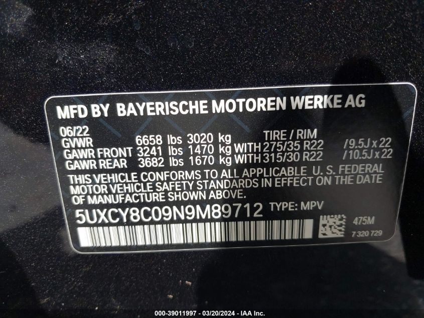 VIN 5UXCY8C09N9M89712 2022 BMW X6, M50I no.9