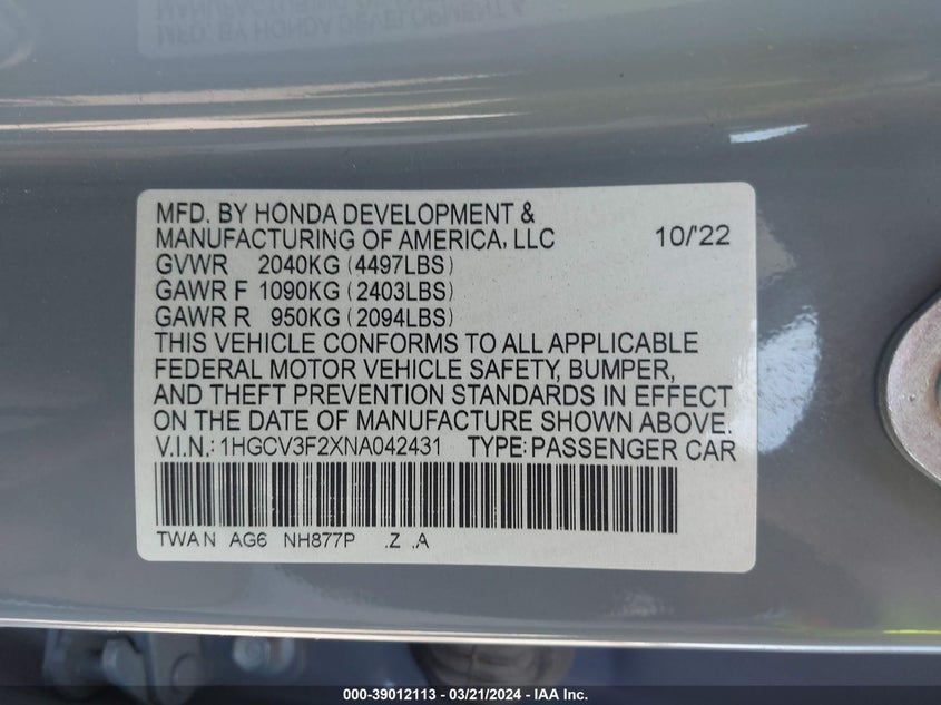 VIN 1HGCV3F2XNA042431 2022 HONDA ACCORD HYBRID SPORT