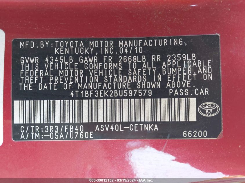 4T1BF3EK2BU597579 | 2011 TOYOTA CAMRY