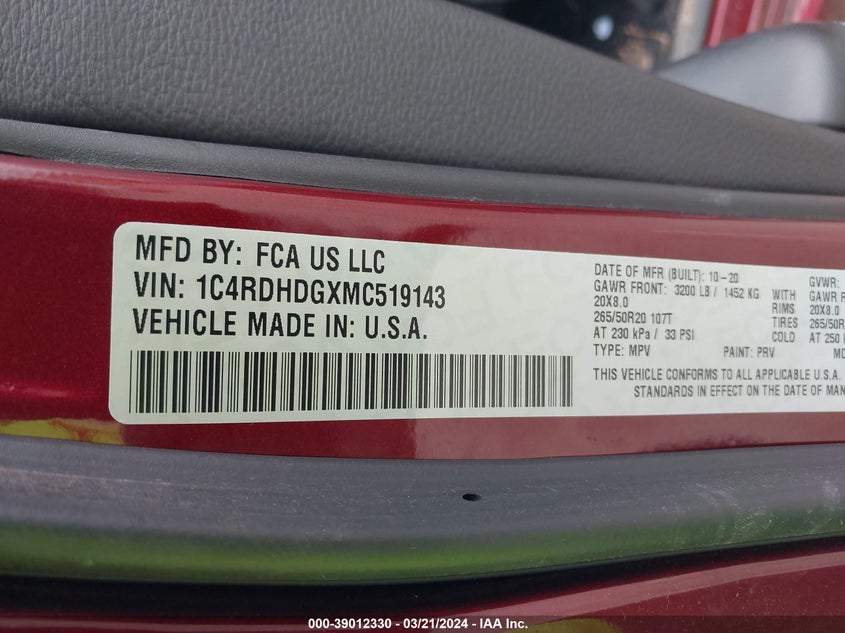 2021 DODGE DURANGO GT - 1C4RDHDGXMC519143