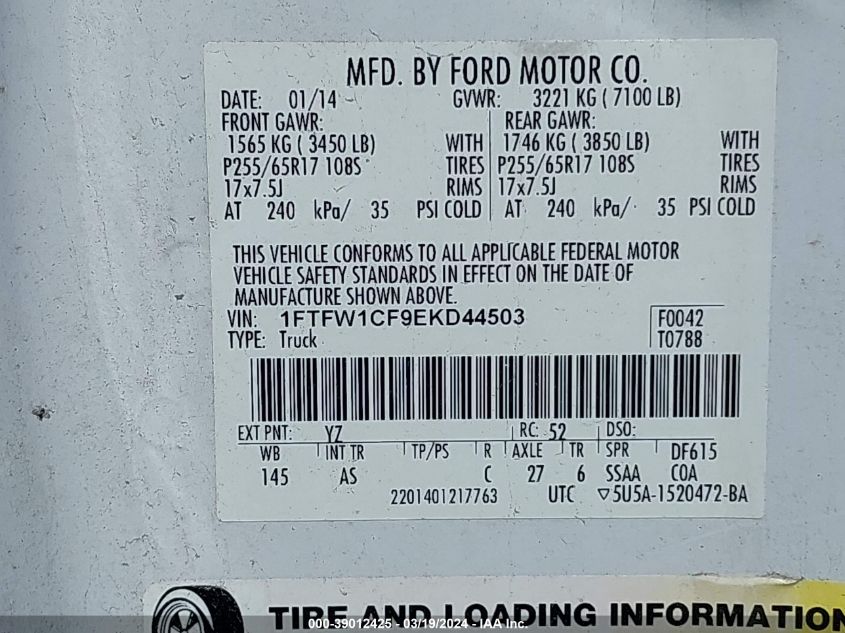 1FTFW1CF9EKD44503 | 2014 FORD F-150