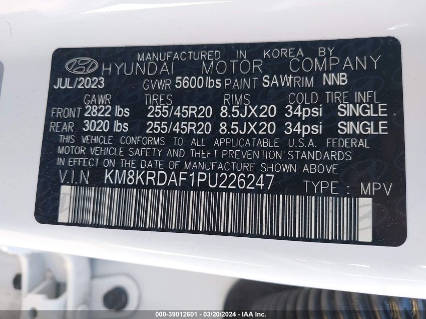 2023 Hyundai Ioniq 5 Limited VIN: KM8KRDAF1PU226247 Lot: 39012601